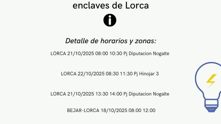 Cortes de luz los próximos días en Lorca (Región de Murcia)