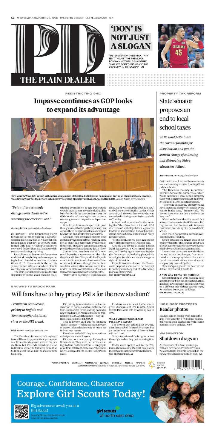 The Plain Dealer’s front page for October 22, 2025