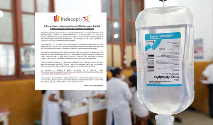 Indecopi sanciona con más de S/2 millones a Medifarma por distribuir suero fisiológico defectuoso
