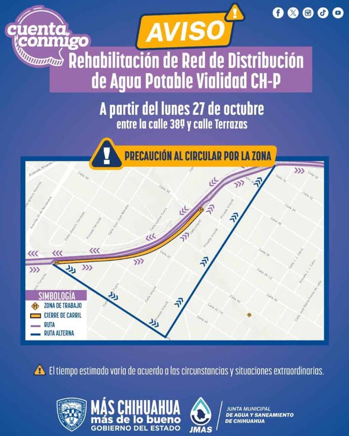 Realizará JMAS Chihuahua reposición de línea hidráulica en la vialidad Ch