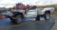 Badly damaged pickup removed from Trent River Campbellford
