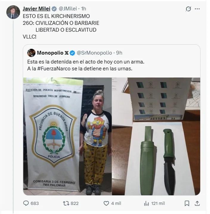 Confundido, Milei posteó contra una militante libertaria creyendo que era opositora al gobierno