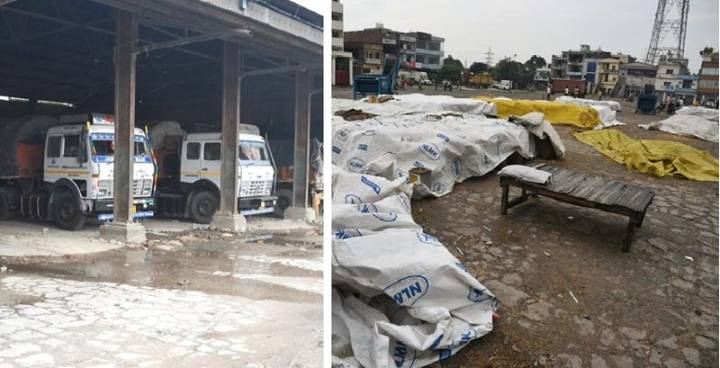 Ludhiana grain market shed occupied by cement-laden trucks while farmers struggle to protect paddy from rain