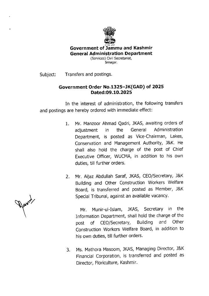 Administrative Reshuffle: 108 JKAS Officers Transferred and Posted Across J&K