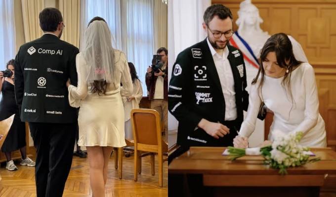 Hombre se vuelve viral tras financiar su boda vendiendo espacios publicitarios en su traje