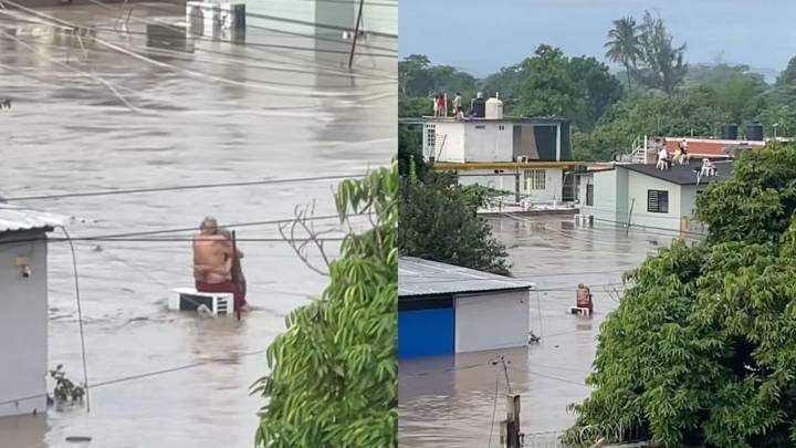 Pareja de abuelitos se abraza en medio de la inundación en Poza Rica esperando a que los rescaten