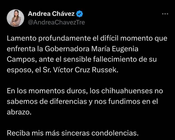 Manda Andrea Chávez condolencias a Maru tras fallecimiento de su esposo