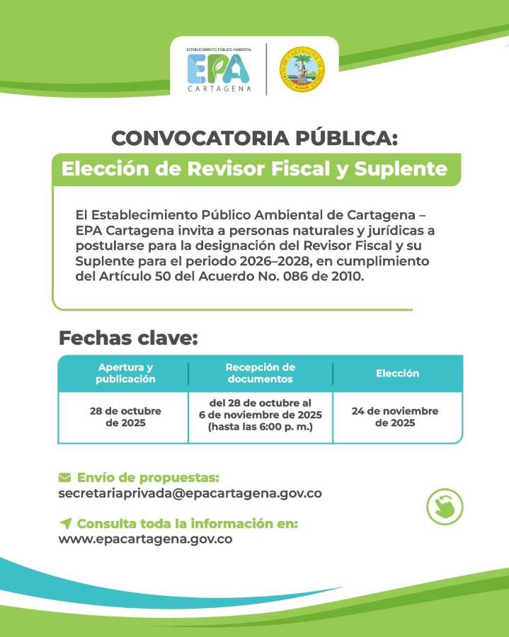 EPA Cartagena abre convocatoria para elección de revisor fiscal y suplente