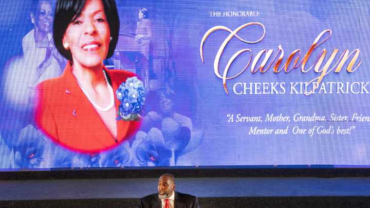 Kwame Kilpatrick speaks during Carolyn Cheeks Kilpatrick's service