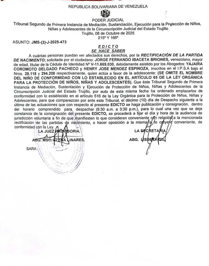 EDICTO. SE HACE SABER A cuántas personas puedan ver afectados sus derechos, por la RECTIFICACIÓN DE LA PARTIDA DE NACIMIENTO; solicitada por el ciudadano: JORGE FERNANDO IBACETA BRIONES, titular de la