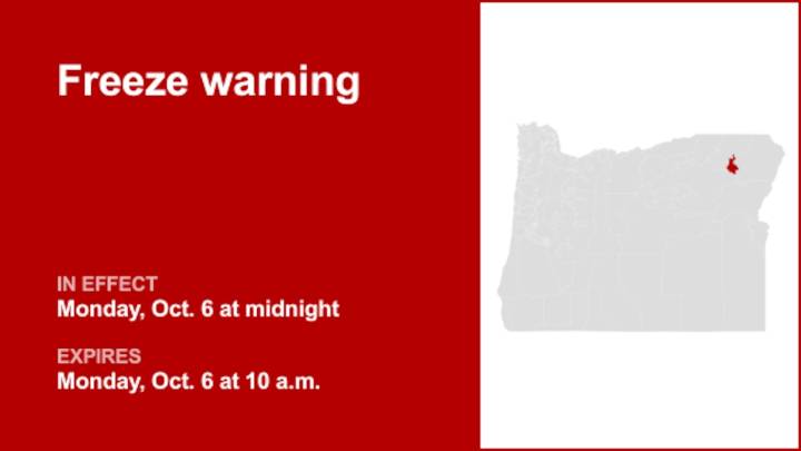 Freeze warning issued for Grande Ronde Valley for Monday
