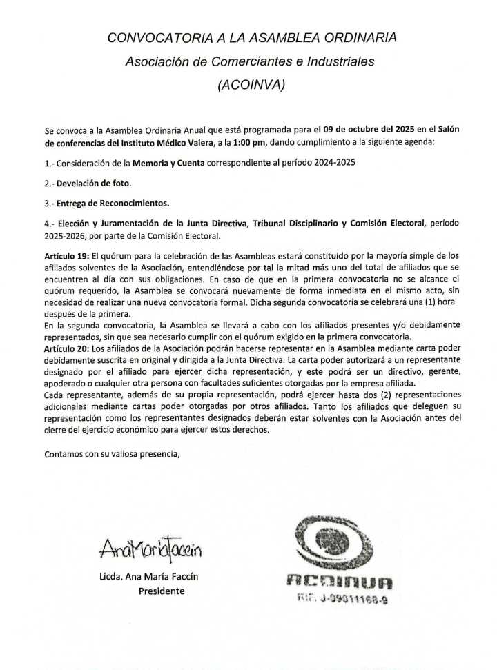 Convocatoria Asamblea Ordinaria de la Asociación de Comerciantes e Industriales de Valera (ACOINVA)