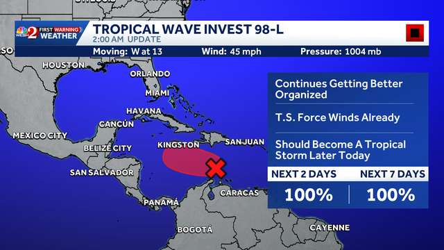 Invest 98-L nearing tropical storm status in Caribbean Sea