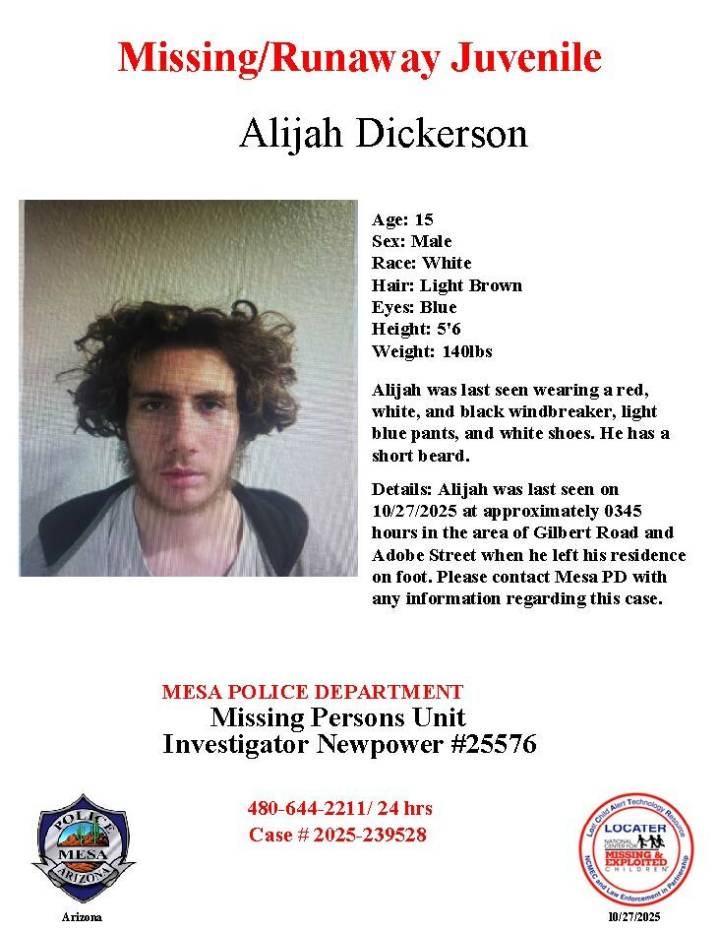 Alijah Dickerson, 15, missing from Mesa, police say