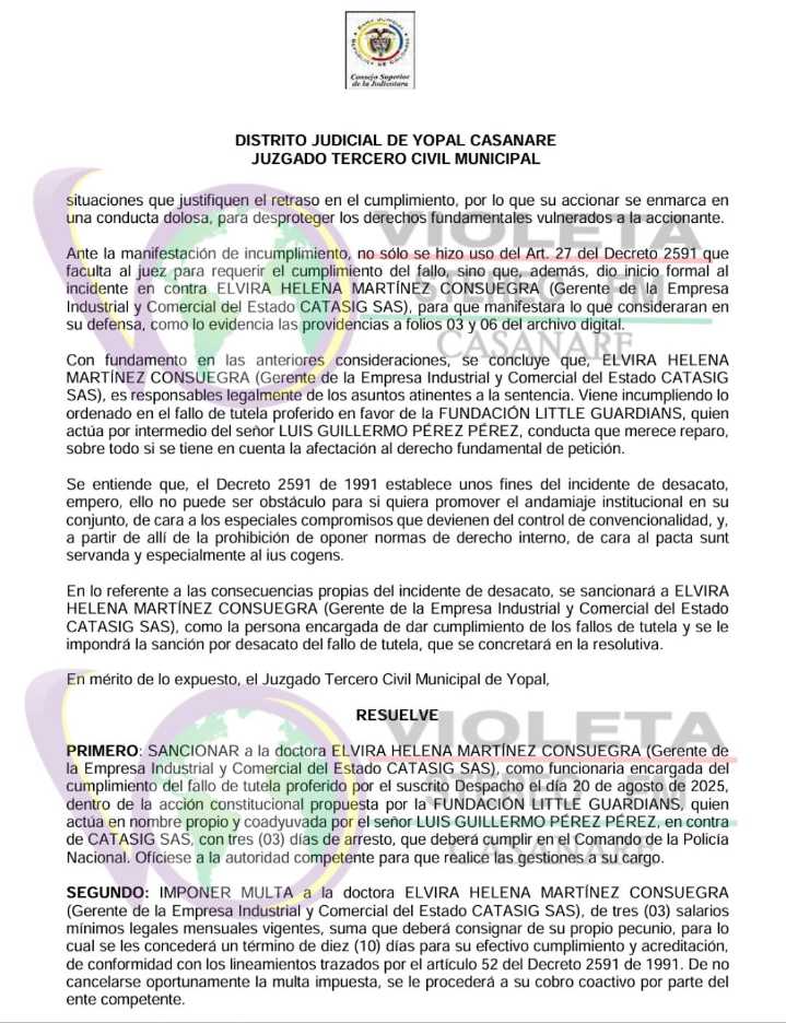 Juzgado de Yopal sanciona con arresto y multa a gerente de CATASIG por desacato a un fallo de tutela