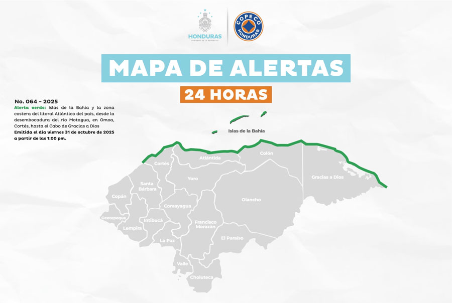 Alerta Verde por 24 horas en Islas de la Bahía y el litoral atlántico