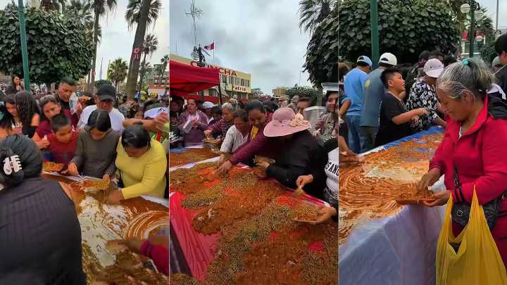 Carapulcra gigante en Chincha termina en caos: asistentes se quitan la comida con las manos
