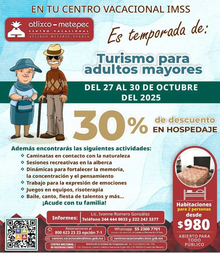 Impulsa IMSS Hidalgo turismo social para personas mayores con destino al Centro Vacacional Atlixco
