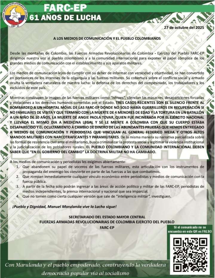 FARC-EP reaparecen con comunicado político tras 61 años de lucha