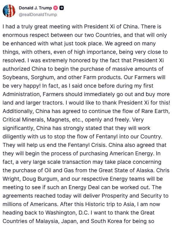 “Truly great meeting”: Trump, Xi reach understanding on trade, energy and fentanyl