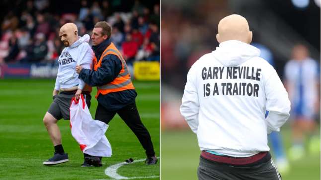 Pitch invader at Salford City match parades England flag to protest against Gary Neville