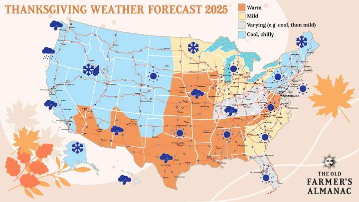 The Old Farmer’s Almanac Thanksgiving weather prediction: Map of what to expect