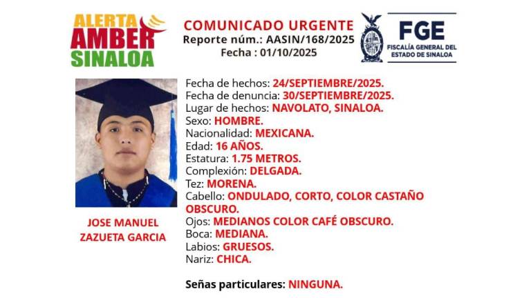 Buscan a José Manuel, de 16 años, desaparecido en Navolato