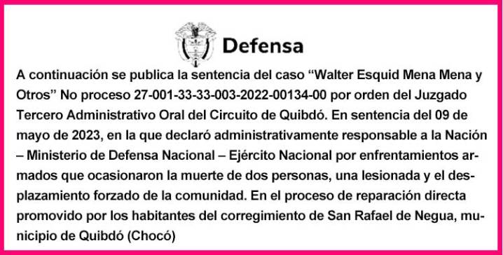 Ministerio de Defensa. Sentencia del caso “Walter Esquid Mena Mena y otros»