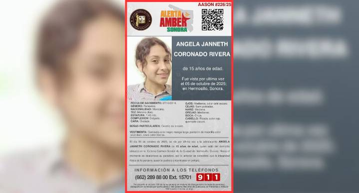 Buscan a Ángela Coronado, menor de 15 años desaparecida desde el 5 de octubre en Hermosillo