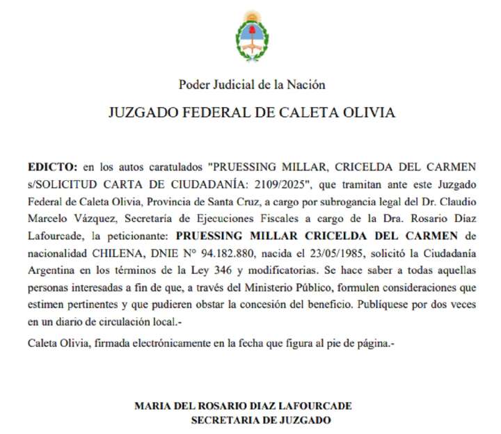 Caleta Olivia: Justicia Federal manda publicar el siguiente EDICTO