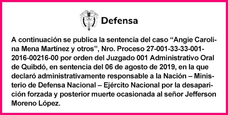 Ministerio de Defensa. Sentencia del caso «Angie Carolina Mena Martínez y otros»