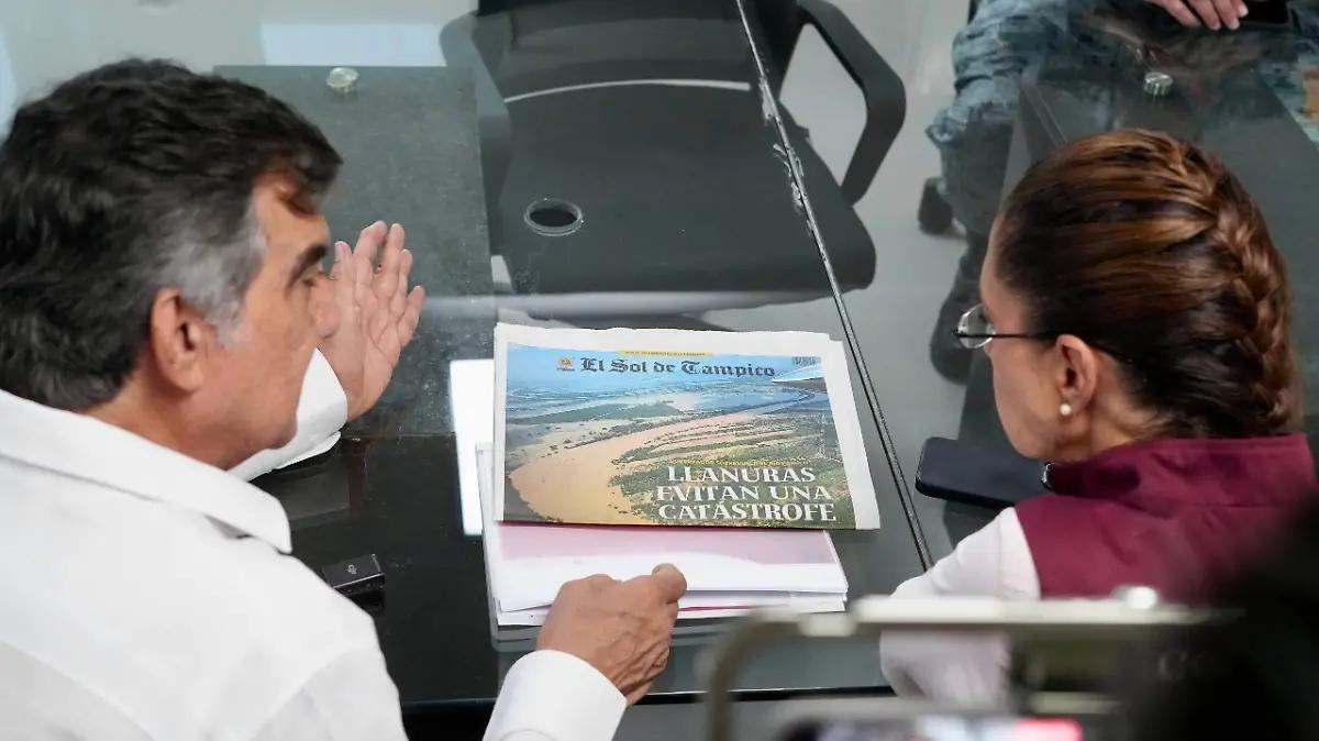 Monitorean en Tampico Sheinbaum y Américo creciente del río Pánuco
