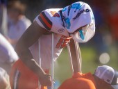 SU receiver exits SMU loss on crutches; coach says ankle is ‘messed up’