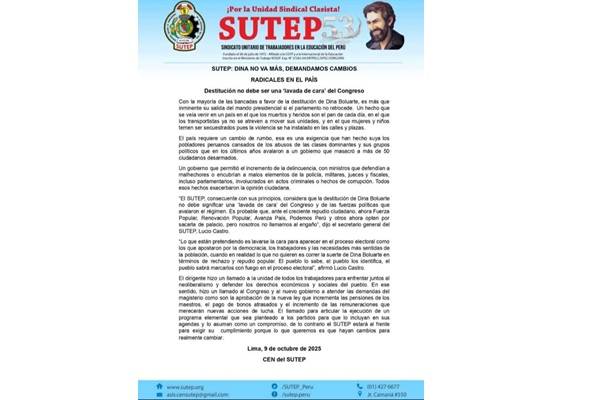 SUTEP: “DESTITUCIÓN DE DINA BOLUARTE NO DEBE SER UNA LAVADA DE CARA DEL CONGRESO”