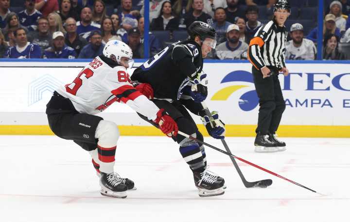 Devils get 2 goals from Connor Brown, beat Lightning for 1st win - The Rink Live | Coverage of youth, junior, high school and college hockey
