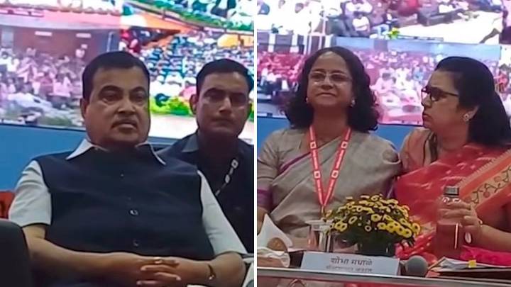 Women Officers Pinch & Elbow Each Other On Stage At Nitin Gadkari’s Nagpur Event; Embarrassing Clash Caught On Camera