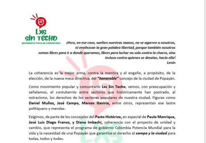 Lxs Sin Techo rechazan elección de Daniel Muñoz como presidente del Concejo de Popayán en 2026