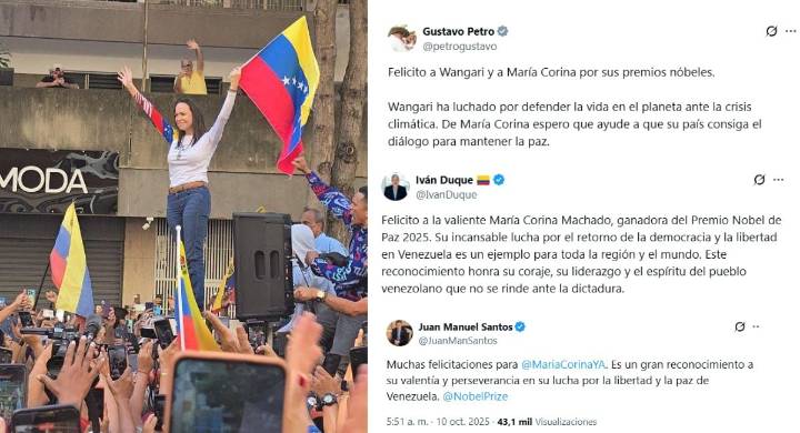 “Espero que ayude a que su país consiga el diálogo”: Petro sobre Nobel a María Corina Machado Pese al escueto mensaje del presidente colombiano, otros líderes y exmandatarios han celebrado la entrega 