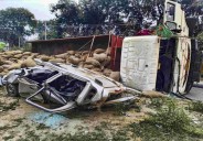Paddy-laden truck overturns on car in UP, two killed