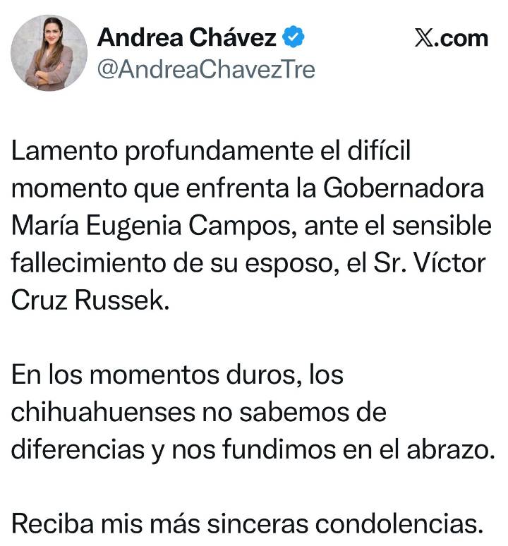 Andrea Chávez envía sus condolencias a Maru Campos por el fallecimiento de Víctor Cruz Russek