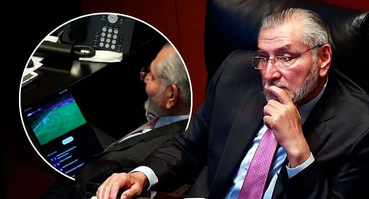 Captan a Adán Augusto López viendo partido de futbol mientras comparece secretario de Hacienda en Senado