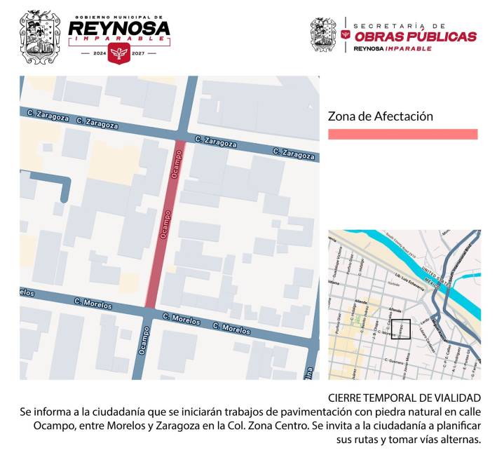 Aviso de Cierre de Vialidad en el Centro Histórico de Reynosa