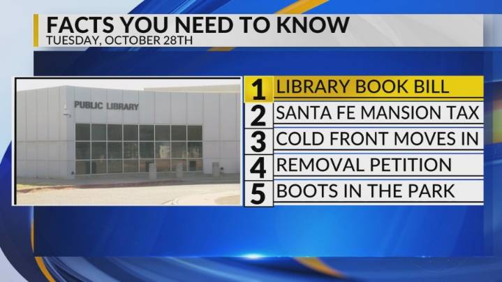 Library book bill, Santa Fe mansion tax, Cold front, Removal petition, Boots In The Park
