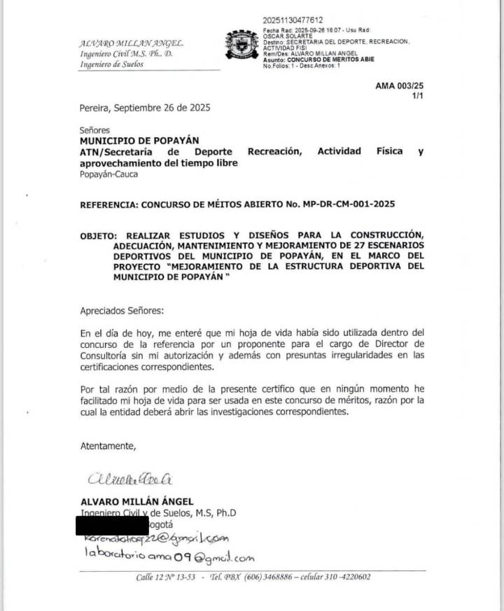 Secretaría de Deporte de Popayán bajo la lupa: denuncian uso irregular de hojas de vida en concurso de méritos