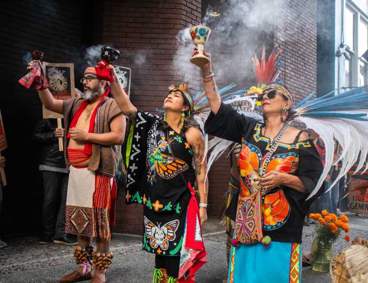 Aztec dancers, peaceful protestors throng S.F. immigration court day after Trump threats