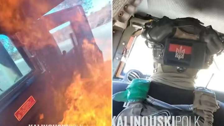Terrifying moment Ukrainian soldiers ON FIRE dive from their speeding Humvee after drone strike