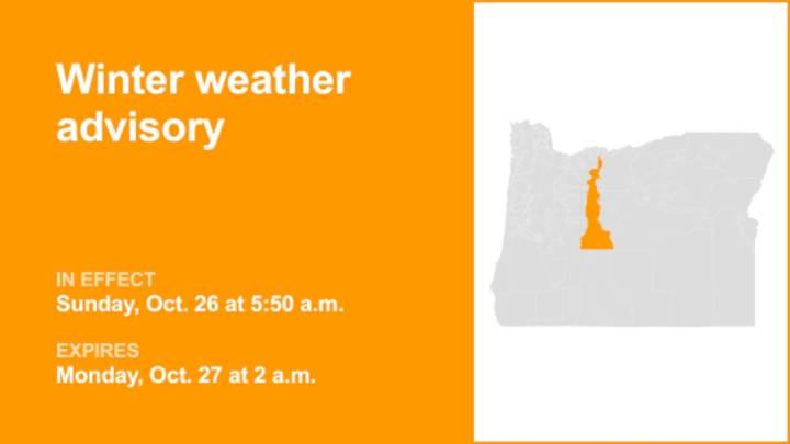 Winter weather advisory active for East Slopes of the Oregon Cascades until 2 a.m. Monday