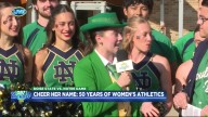 Fighting Irish Leprechaun McKenna stops by ABC57 Kickoff with the Gold Cheer Squad