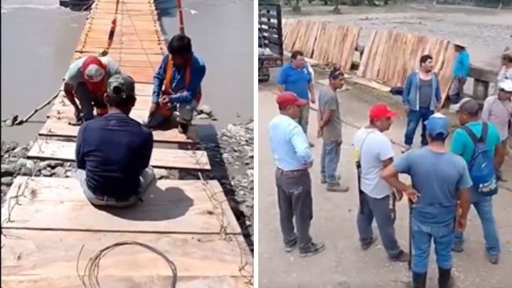 Pobladores de Veracruz construyen puente con troncos para poder conseguir víveres tras fuertes lluvias