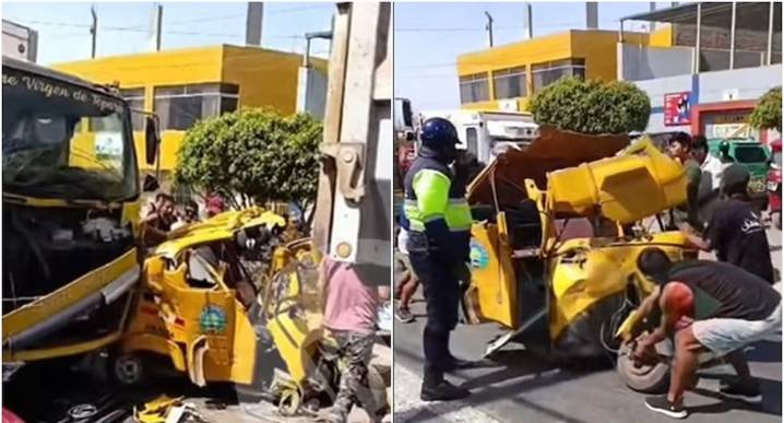 Pisco: mototaxi queda aplastada entre dos camiones; chofer salva de morir